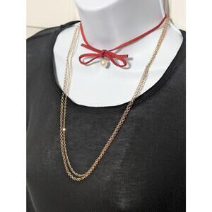 Carisma Choker Necklace Set Red Bow Pearl Bead Gold Tone Layered Chains Gift